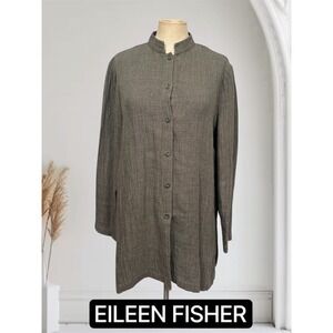 Eileen Fisher S Mandarin Collar Linen Rayon Olive Tunic Shirt Blouse Top Minimal